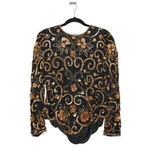 Laurence Kazar Vintage Black Silk Blouse Long Sleeve with Gold Beading